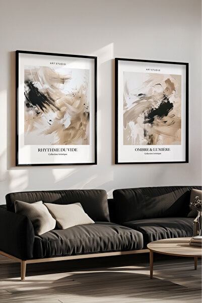 STARYUNA Siyah ahşap çerçeveli yağlı boya efektli 2'li tablo seti Yuna177