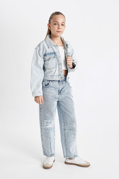 DeFacto Jachetă scurtă de jeans cu buzunar cu nasturi pentru fetiță C7484a824au