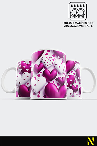 nilizma Pink Heart Patterned Colorful Mug Cup – 330 ml Mug | Stylish and Durable Design