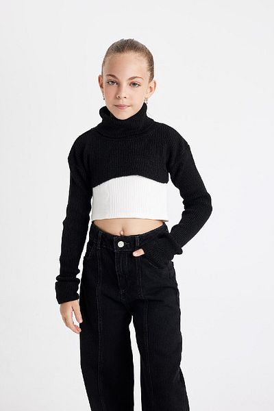 DeFacto Pulover pentru fete, negru, alb, cu decolteu, tricotaj, C9556a824wn