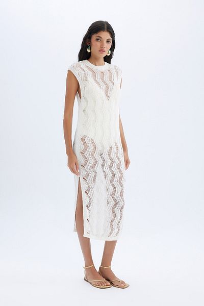 DeFacto Weißes Midi-Strickkleid mit Rundhalsausschnitt, ärmellos, mit Schlitz, D3013ax24sm