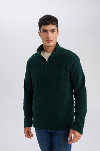DeFacto Grünes, nicht pelzendes, kältebeständiges Fleece-Sweatshirt mit normaler Passform und Stehkragen und Reißverschluss Y3996azns