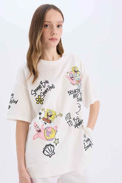 DeFacto Γυναικείο μπλουζάκι Coool Spongebob με στάμπα υπόλευκο D9124ax/wt32