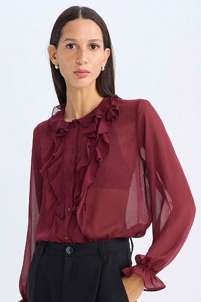 DeFacto Regular Fit Crew Neck Ruffled Chiffon Long Sleeve Blouse 3153984