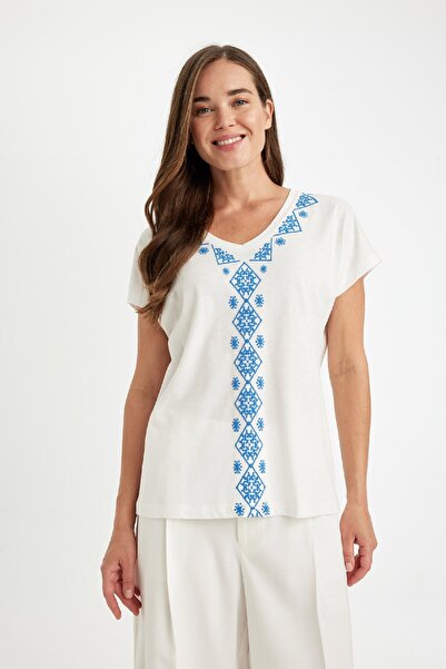 DeFacto Tricou cu mânecă scurtă din bumbac pieptănat cu decolteu în V