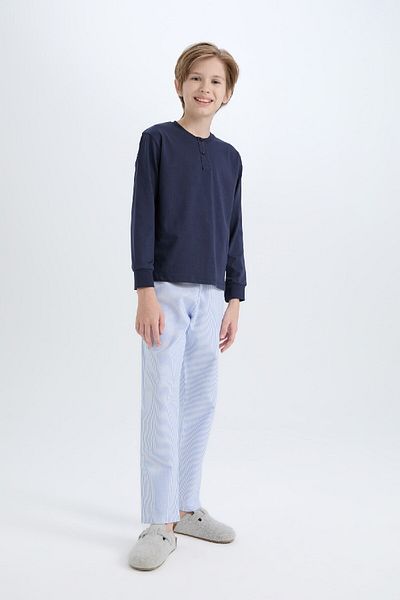 DeFacto Pyjama-Set für Jungen – Rundhalsausschnitt, lange Ärmel, gestreiftes Ober- und Unterteil-Set D2894a824wn