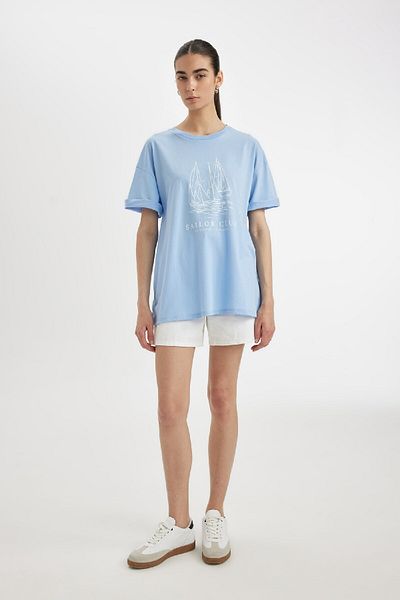 DeFacto Oversize Fit Crew Neck Sea Print Combed Cotton Short Sleeve T-Shirt D1915Ax24Sm