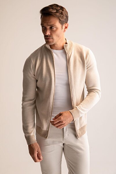 DeFacto Beige Standard Fit Regular Cut Stand Collar Zippered Knitwear Cardigan R1686Az24Au