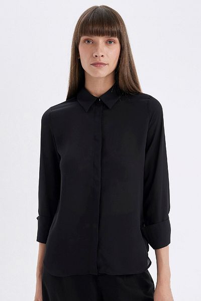 DeFacto Regular Fit Basic Plain Crepe Woven Long Sleeve Black Shirt D3151Ax24Au
