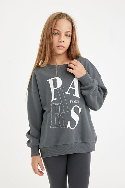 DeFacto Girl's Anthracite Oversize Wide Fit Crew Neck Printed Sweatshirt D3573A824Au
