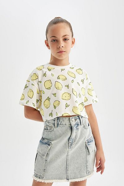 DeFacto Patterned Crew Neck Short Sleeve Crop T-Shirt - Girl D1288A824HS