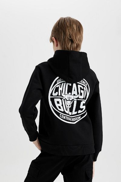 DeFacto Черен суичър с качулка NBA Chicago Bulls Boy Thick Oversize Kalbrit D31