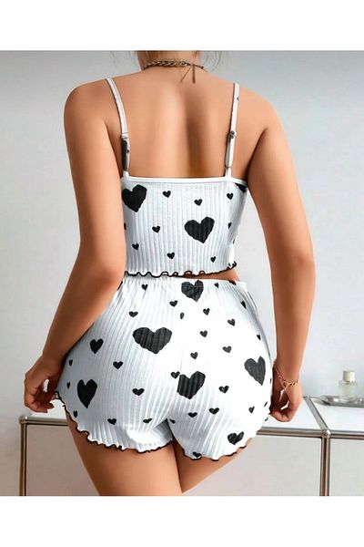 İntive Lingerie Set de pantaloni scurți bustier cu bretele subțiri din bumbac 100% cu model de inimă roșu/negru