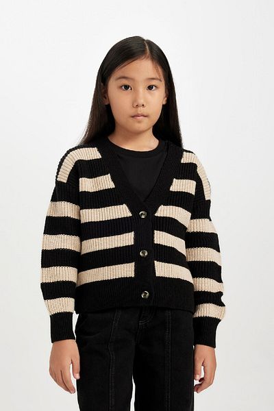 DeFacto Girl's V-Neck Striped Buttoned Knitwear Cardigan B3484A824Wn