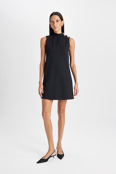 DeFacto Halber Rollkragen-Basic-Kleid mit geradem Knopf, ärmellos, rotes Minikleid D2873ax24au