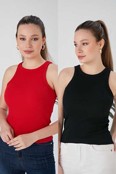 CATSPY Set bluză tricotată elastică, 2 piese, roșu, negru