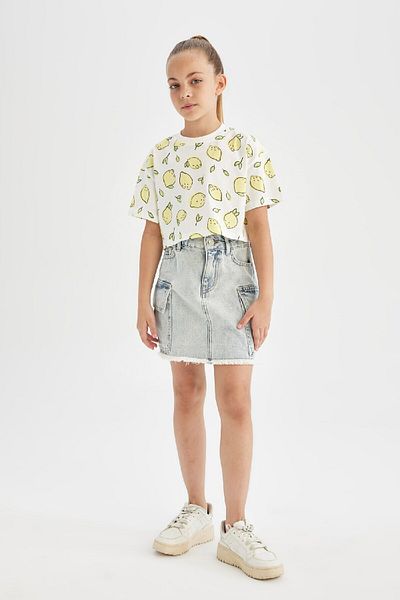DeFacto Patterned Crew Neck Short Sleeve Crop T-Shirt - Girl D1288A824HS