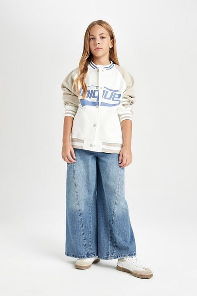 DeFacto Girls - College Collar Printed Seasonal Bomber Jacket with Snap Closure and Double Pockets