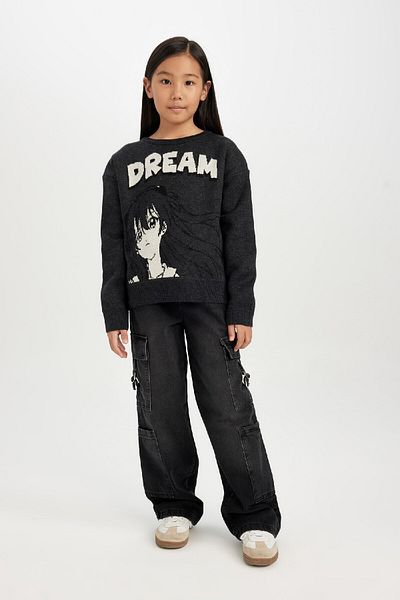DeFacto Girl's Crew Neck Printed Knitwear Sweater C9665A824Wn