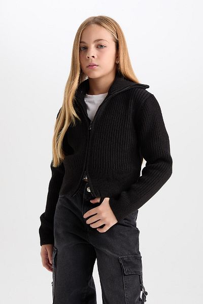 DeFacto Girl's Basic Plain Stand Collar Zippered Black Knitwear Cardigan C9557A824Wn