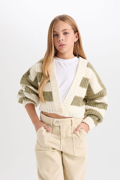 DeFacto Girl's V-Neck Striped Buttoned Cardigan C9662A824Wn