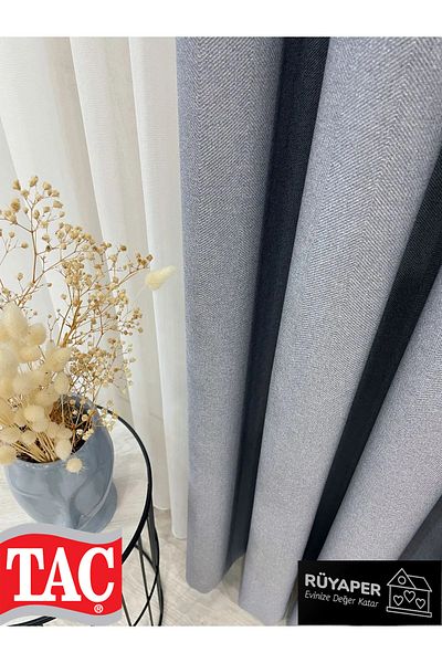 Taç Dreamer Blue Gray Color - Linen 1/3 Sik Pleat Background Curtain
