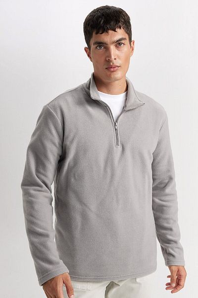 DeFacto Graues, kältebeständiges Polar-Sweatshirt mit normaler Passform – Stehkragen und Reißverschluss Y3996azns