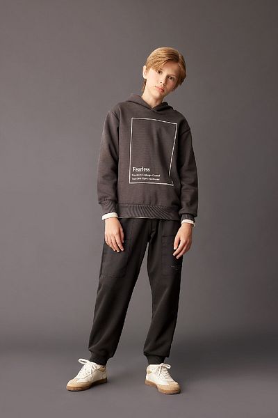 DeFacto Boy's Anthracite Hooded Printed Thick Sweatshirt D3095A824Au