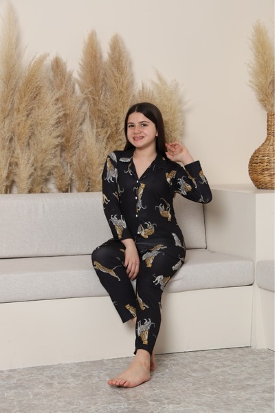 ETHEM TEKSTİL Long Sleeve Milan Pajama Set Leopard Patterned Mother-Daughter Combination