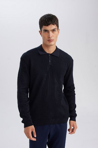 DeFacto Navy Blue Standard Fit Polo Collar Buttoned Knitwear Sweater D1959Ax24Au