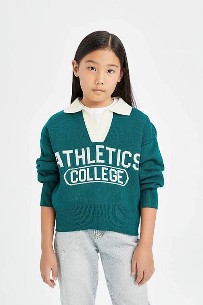 DeFacto Girl's Polo Neck Printed Knitwear Sweater D3190A824Wn
