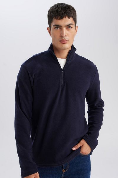 DeFacto Marineblaues, kältebeständiges Polar-Sweatshirt mit normaler Passform – Stehkragen, Reißverschluss Y3996azns