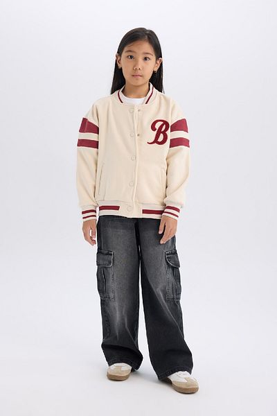 DeFacto Girl's Soft Feather Bomber Cardigan - College Collar, Pocket and Printed D2624A824Au