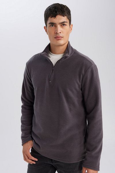 DeFacto Kältebeständiges Anthrazit-Fleece-Sweatshirt – Stehkragen, Reißverschluss, normale Passform Y3996azns