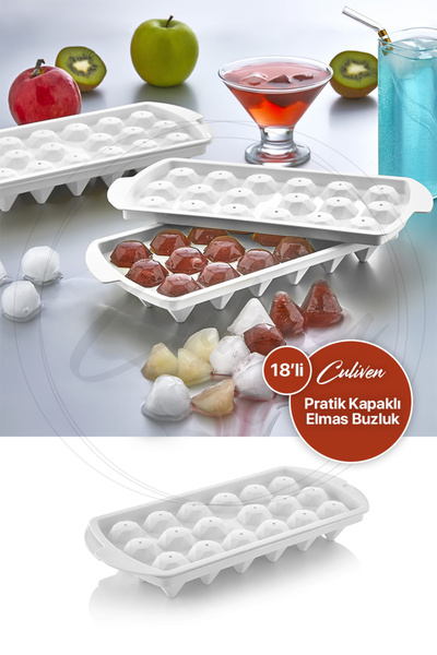 CULİVEN 18 Hazneli Elmas Şeklinde Kapaklı Buz Kalıbı Sunum Soğuk İçecek Kalıbı