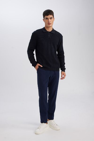 DeFacto Navy Blue Standard Fit Polo Collar Buttoned Knitwear Sweater D1959Ax24Au