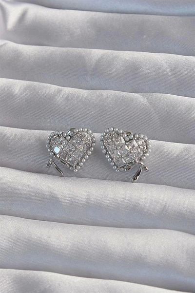 Clariss Brass Silver Color Bow Detail Pearl Zircon Stone Heart Earrings