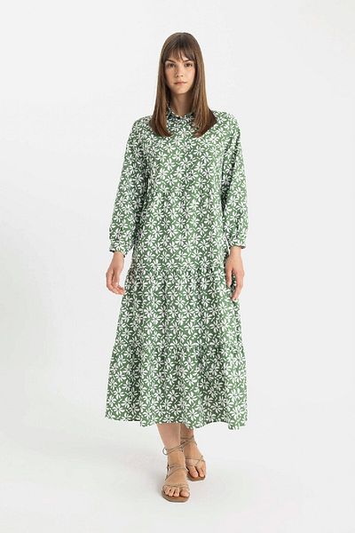DeFacto Φόρεμα Maxi Relax Fit με στάμπα ποπλίνα - μακρυμάνικο, γιακάς πουκάμισου D0569AX24HS