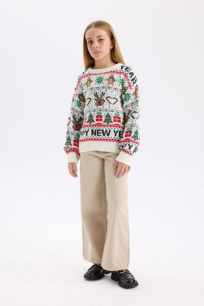 DeFacto Girl's Crew Neck Christmas Themed Knitwear Sweater D2675A824Wn