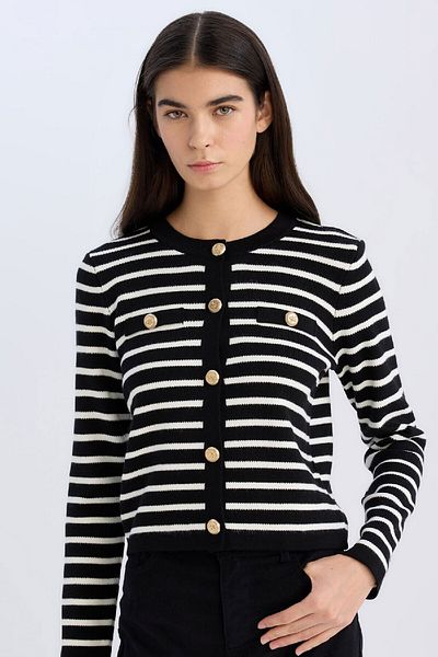 DeFacto Regular Fit Crew Neck Striped Buttoned Knitwear Cardigan D3307Ax24Wn