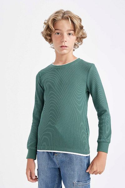 DeFacto Boy's Crew Neck Basic Plain Waffle Long Sleeve T-Shirt V1186A624Au