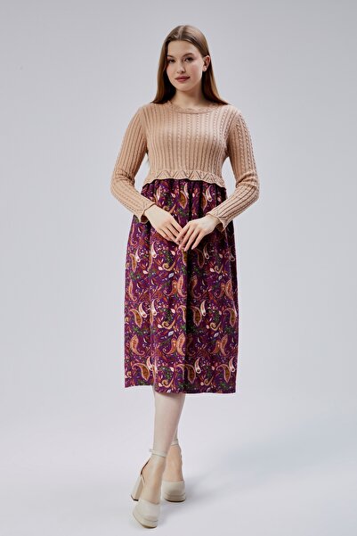 Nisa Hardal Bisiklet Yaka Uzun Kollu Triko Kumaş Mix Kadın Elbise