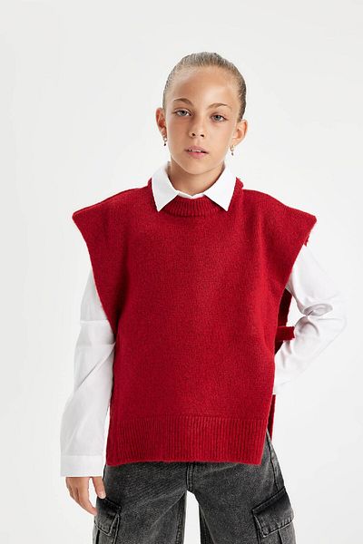 DeFacto Girl's Red Crew Neck Basic Plain Knitwear Sweater C9660A824Wn