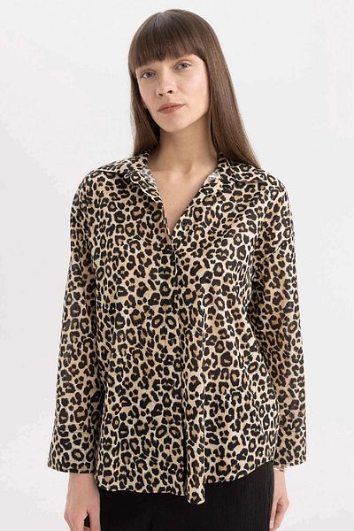 DeFacto Oversize Wide Fit voálová košile s dlouhým rukávem s leopardím potiskem D2564Ax24Sm