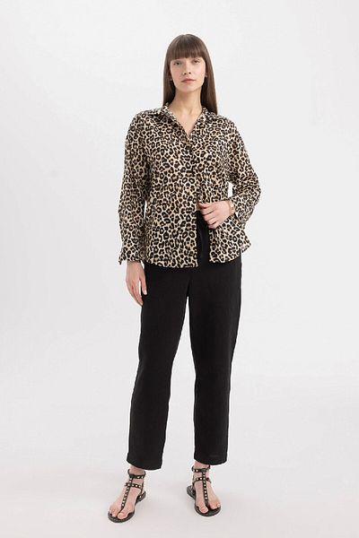DeFacto Oversize Wide Fit voálová košile s dlouhým rukávem s leopardím potiskem D2564Ax24Sm