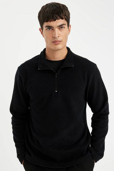 DeFacto Schwarzes Fleece-Sweatshirt mit Reißverschluss – pillingfrei, kältebeständig, normale Passform, Stehkragen Y3996azns