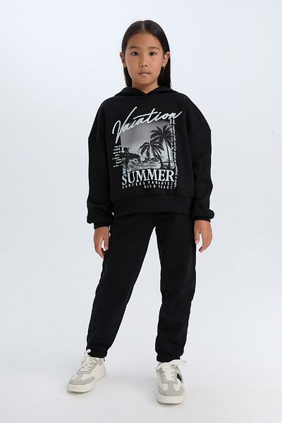 DeFacto Hooded Printed Sweatshirt and Elastic Jogger Bottoms for Girls 2Pcs Set - D2219A824Wn