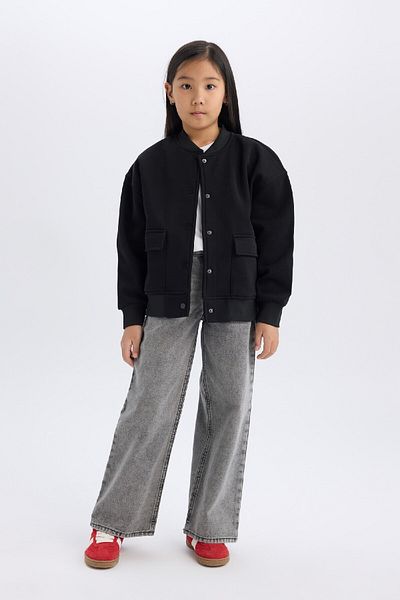 DeFacto Girl's Soft Furry Bomber Cardigan - College Collar, Snap Closure, Pocket D0701A824Au