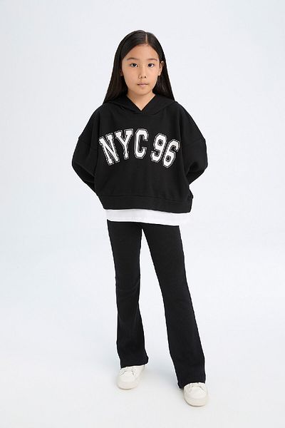 DeFacto Girl's 2-Piece Set Hooded Printed Sweatshirt Flared Leggings D0725A824Au