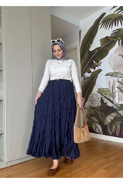 Aselim Hijap Moda Wrinkled Fabric Skirt Suit Navy Blue